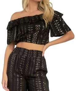 Elan Womens Metallic Ruffled Crop Top