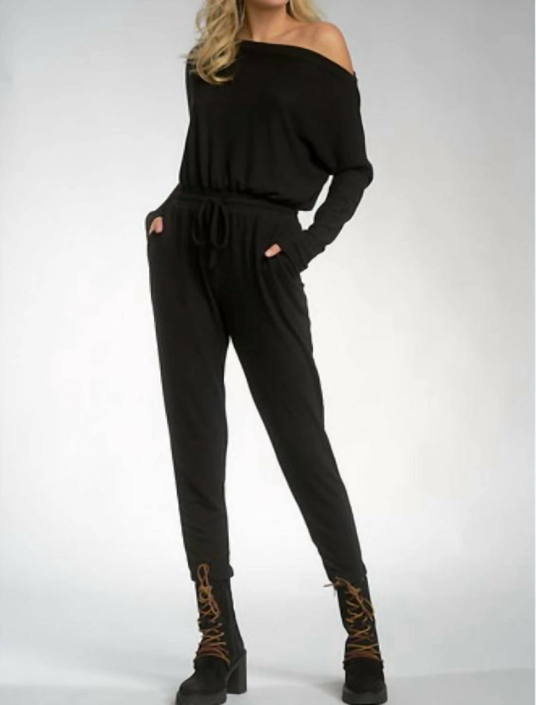 Elan women Khloe Long Sleeve Off The Shoulder Jumpsuit in Black 4 Elan women Khloe Long Sleeve Off The Shoulder Jumpsuit in Black - Image 2