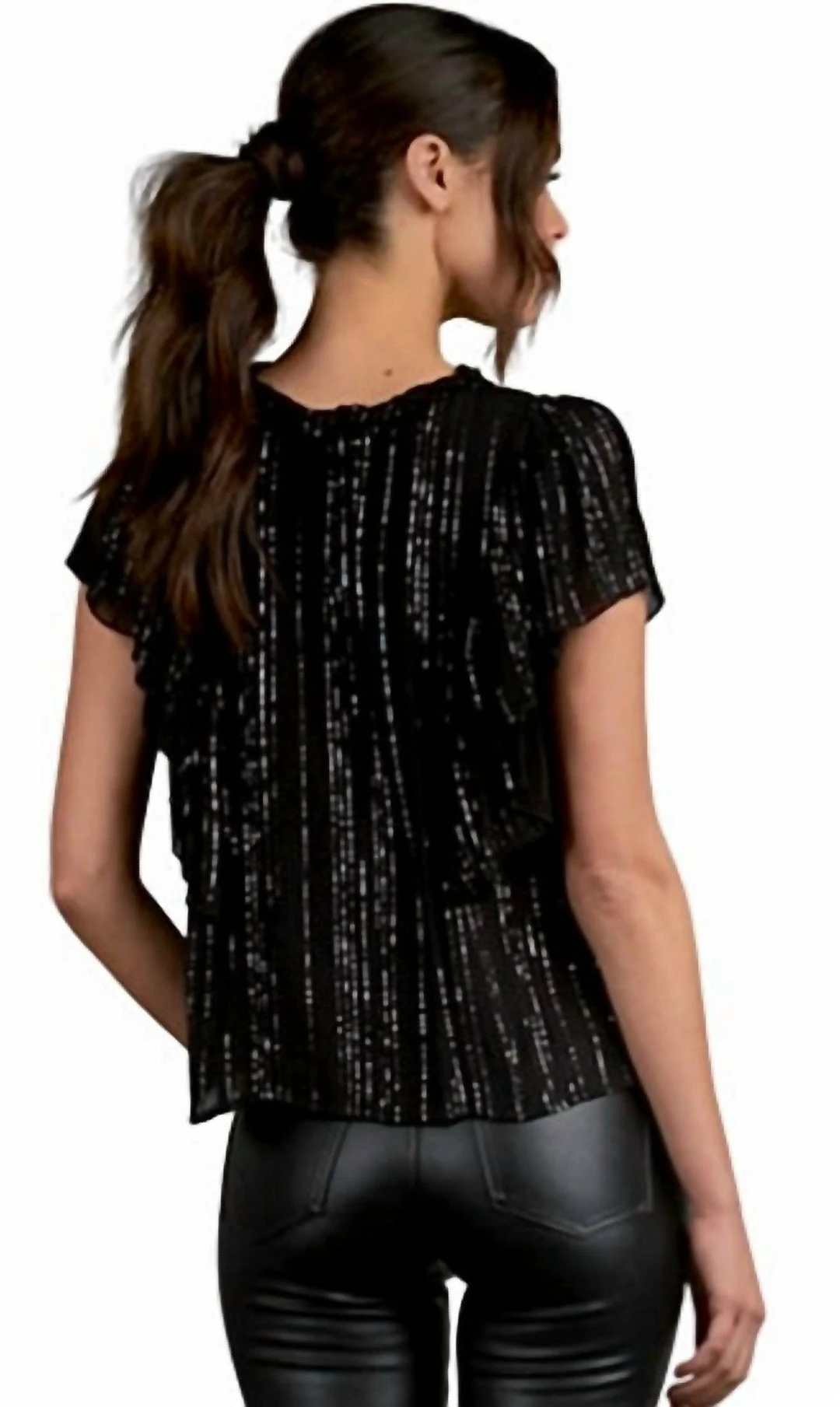 Elan women Short Flutter Sleeve Top in Black Stripe 4 Elan women Short Flutter Sleeve Top in Black Stripe - Image 2