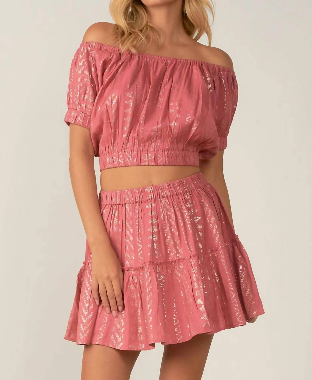 Elan women Off Shoulder Arrow Print Top in Rose Gold 3 Elan women Off Shoulder Arrow Print Top in Rose Gold