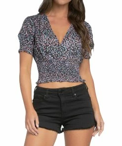 Elan Womens Leaf Print Pleated Crop Top