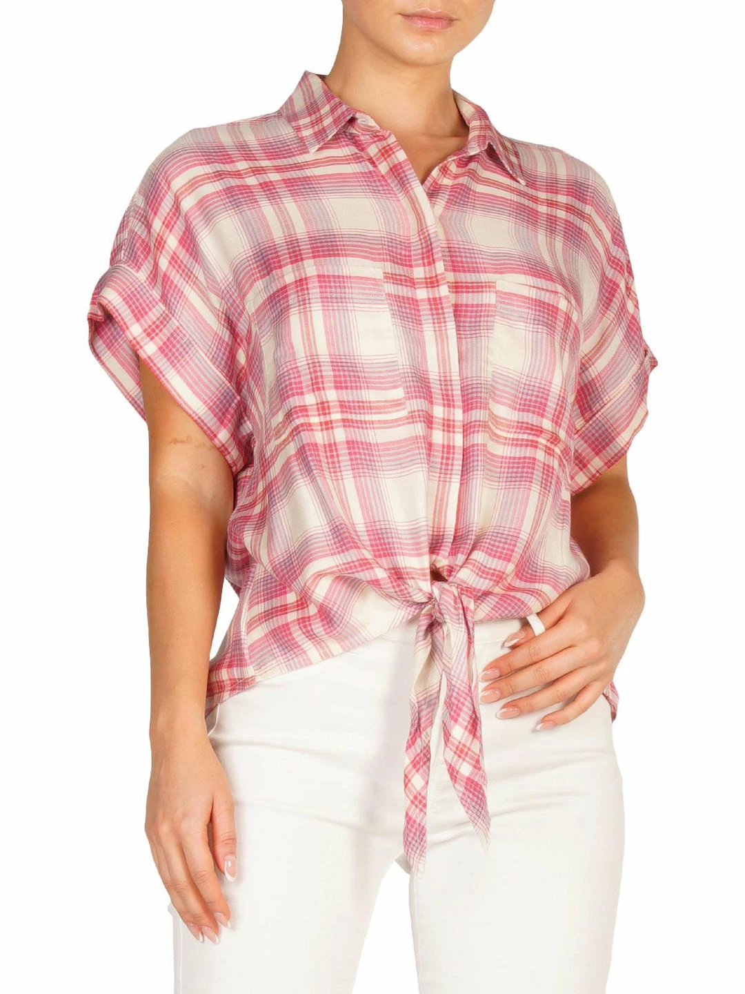 Elan Womens Tie Front Short Sleeves Button-Down Top 3 Elan Womens Tie Front Short Sleeves Button-Down Top