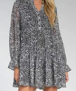 Elan women Long Sleeve Print Babydoll Dress in Black/White