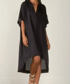 Elan women Frayed Edge V-Neck Dress in Black