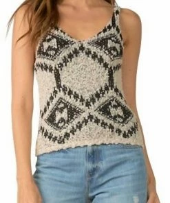 Elan women Vneck Aztec Print Sweater Tank in Off White/Black