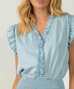 Elan women Ruffled Shoulder Top in Blue Wash