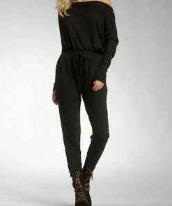 Elan women Khloe Long Sleeve Off The Shoulder Jumpsuit in Black