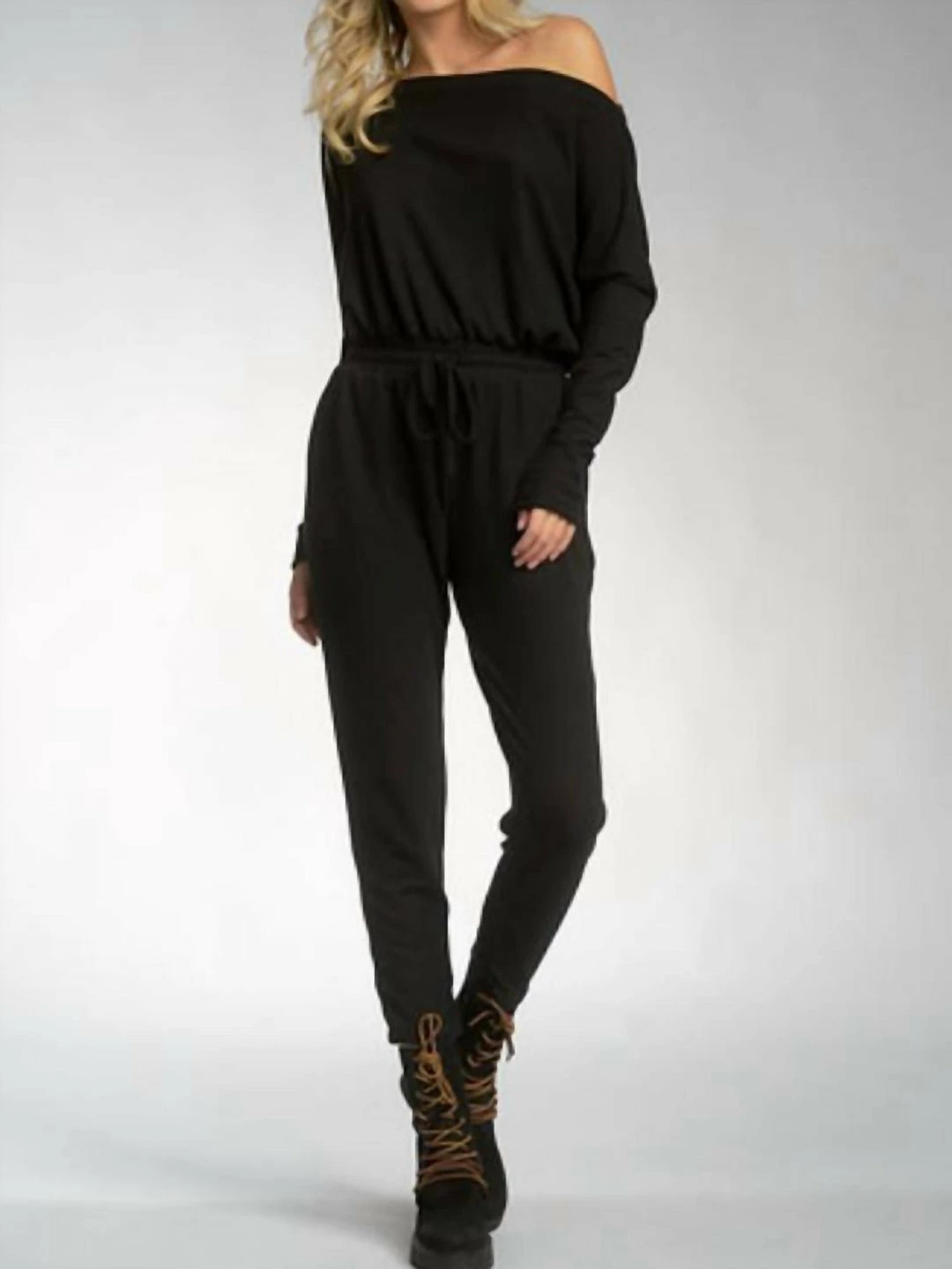 Elan women Khloe Long Sleeve Off The Shoulder Jumpsuit in Black 3 Elan women Khloe Long Sleeve Off The Shoulder Jumpsuit in Black