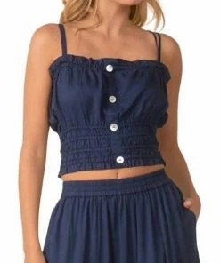 Elan women Spaghetti Strap Button Front Top in Navy