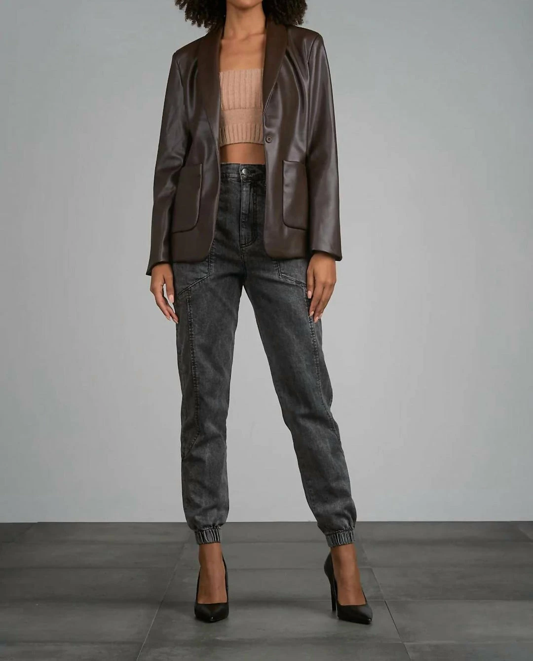 Elan women Faux Leather Blazer in Bronze 5 Elan women Faux Leather Blazer in Bronze - Image 3