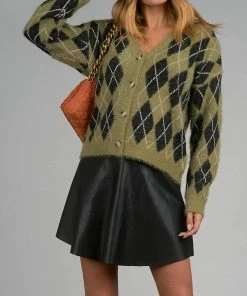 Elan women Roger Argyle Sweater Cardigan in Camel