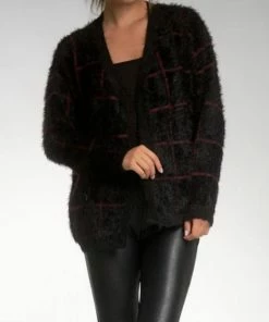 Elan women Cozy Panes Fuzzy Sweater Cardigan in Black
