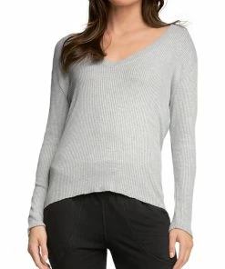 Elan Womens V Neck Ribbed Top