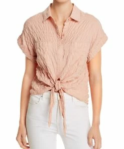 Elan Womens Front Tie Ribbed Blouse