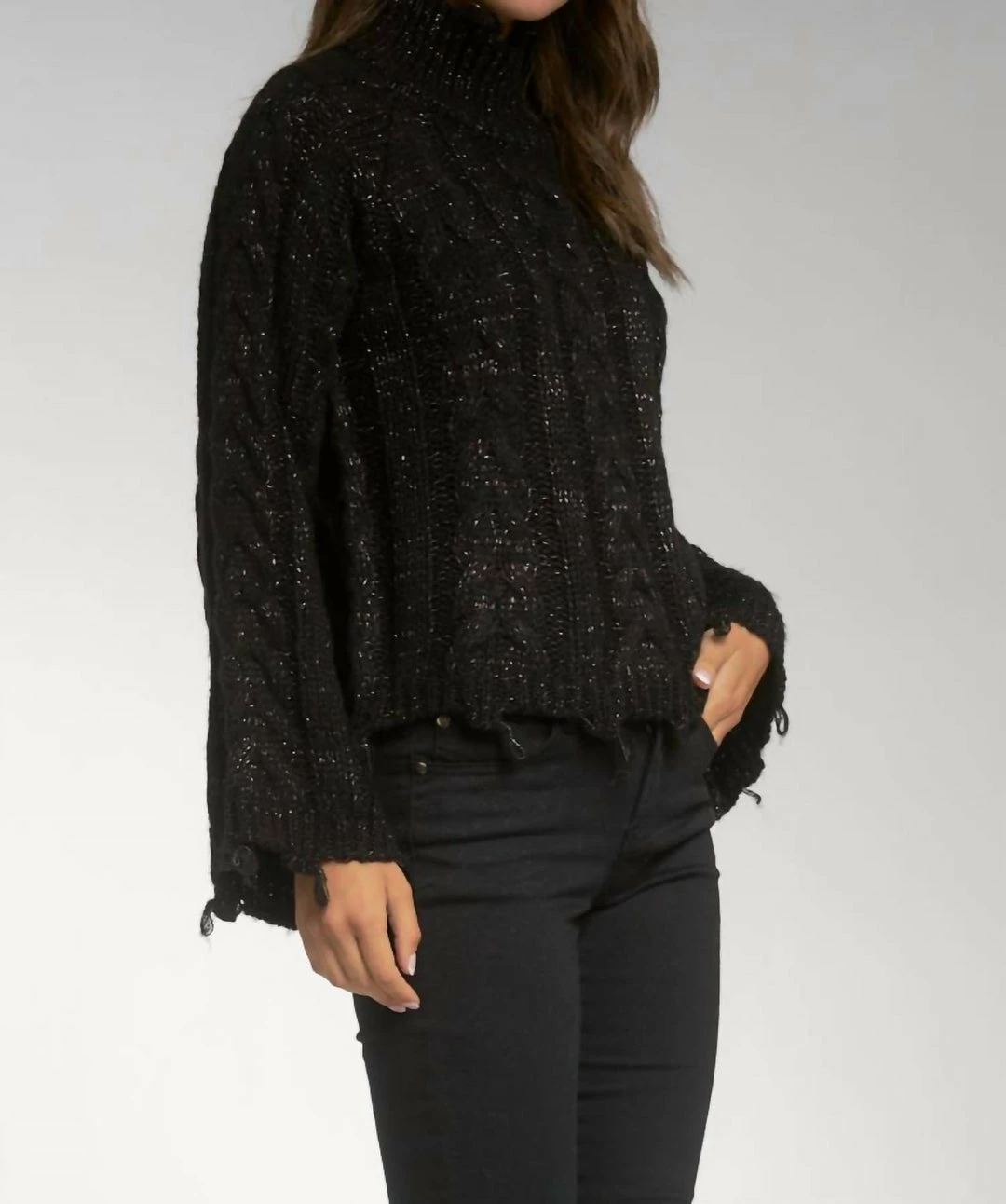 Elan women Glitz Bell Sleeve Mock Neck Sweater in Black 4 Elan women Glitz Bell Sleeve Mock Neck Sweater in Black - Image 2