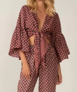 Elan women Effortless Tie Front Top in Navy Rose Leaf