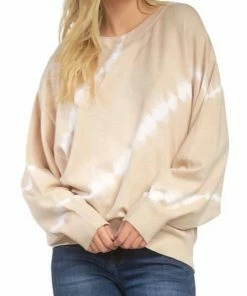 Elan women Tie Dye Crew Neck Cotton Sweater In Taupe/White
