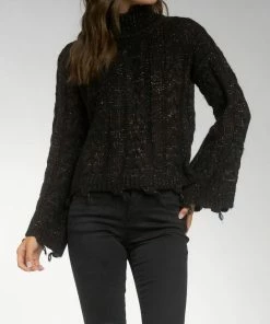 Elan women Glitz Bell Sleeve Mock Neck Sweater in Black