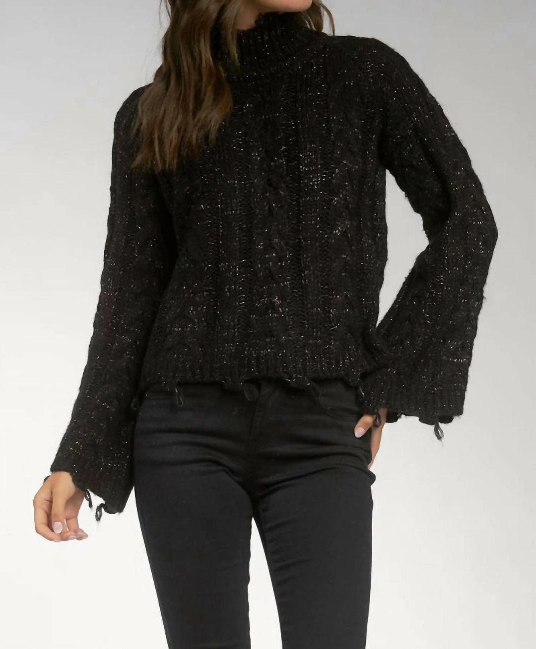 Elan women Glitz Bell Sleeve Mock Neck Sweater in Black 3 Elan women Glitz Bell Sleeve Mock Neck Sweater in Black