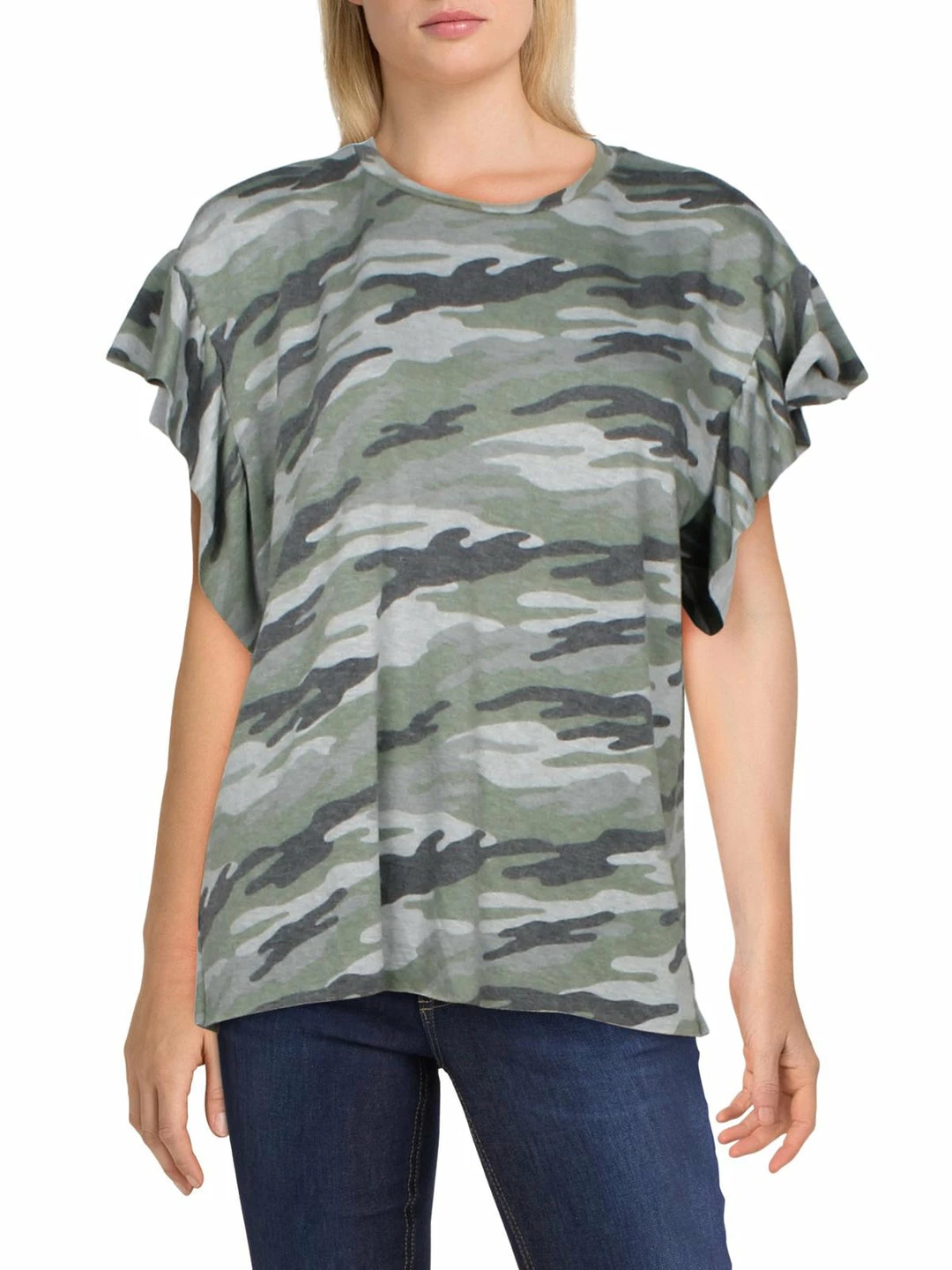 Elan Womens Camouflage Ruffled T-Shirt 3 Elan Womens Camouflage Ruffled T-Shirt
