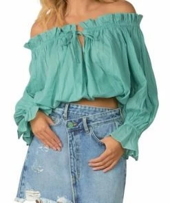 Elan women Off Shoulder Ruffled Edge Cotton Top in Aloe