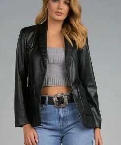 Elan women Kiki Faux Leather Blazer in Black