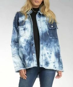 Elan women Distressed Button Up Jacket In Jean Distressed