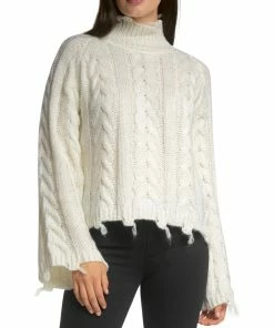 Elan Womens Cable Knit Distressed Mock Turtleneck Sweater