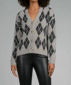 Elan women Roger Argyle Sweater Cardigan in Grey/Black