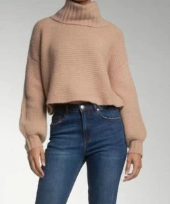 Elan women Cropped Sexy Back Turtleneck Sweater in Camel