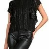 Elan women Short Flutter Sleeve Top in Black Stripe