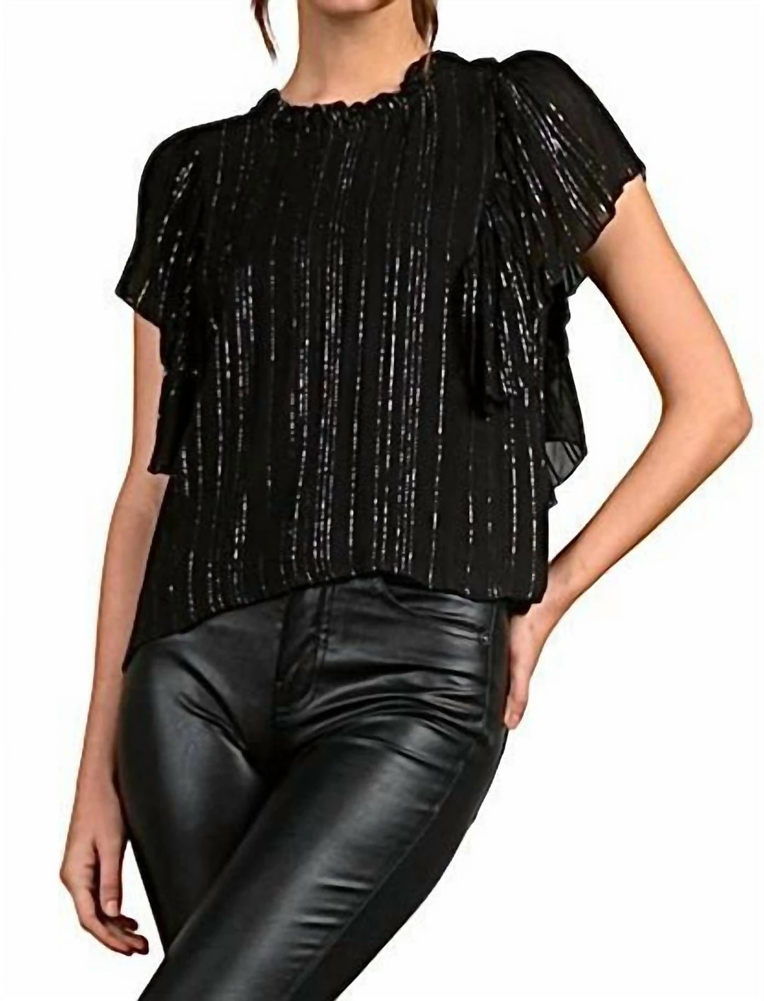 Elan women Short Flutter Sleeve Top in Black Stripe 3 Elan women Short Flutter Sleeve Top in Black Stripe